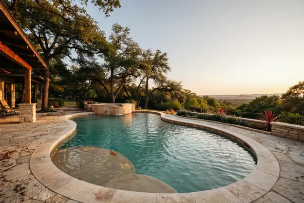Freeform gunite pool with a raised spa under live oaks in a Texas Hill Country backyard